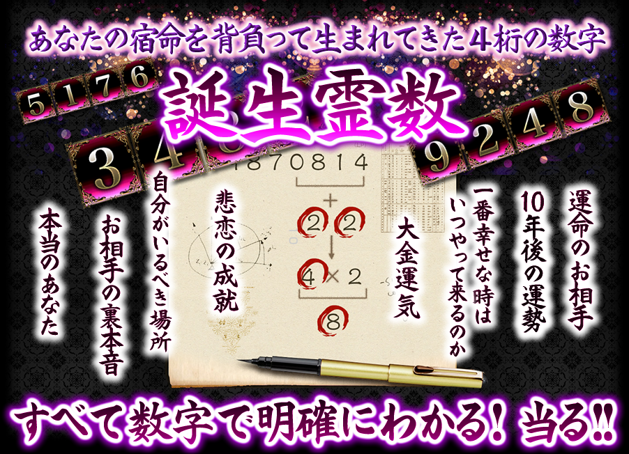 あなたの宿命を背負って生まれてきた4桁の数字　誕生霊数　運命のお相手　10年後の運勢　一番幸せな時はいつやって来るのか　大金運気　悲恋の成就　自分がいるべき場所　お相手の裏本音　本当のあなた　すべて数字で明確にわかる！当る！！